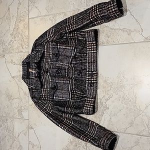 Free People tweed cropped jacket . Black and white with orange and mustard plaid